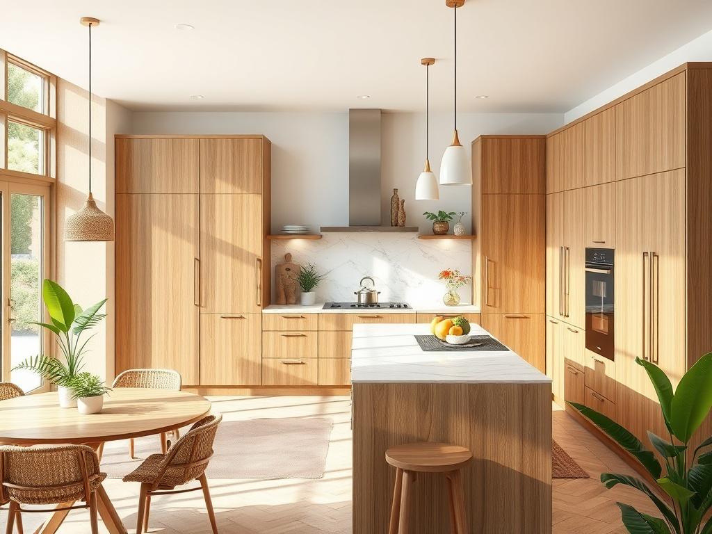 A beautifully designed bespoke kitchen featuring natural wood cabinetry, a large island with a marble countertop, and modern appliances. The kitchen is bright and airy, with large windows allowing natural light to flood in. The decor reflects a modern and premium aesthetic with warm beige tones and green plants for a fresh look.