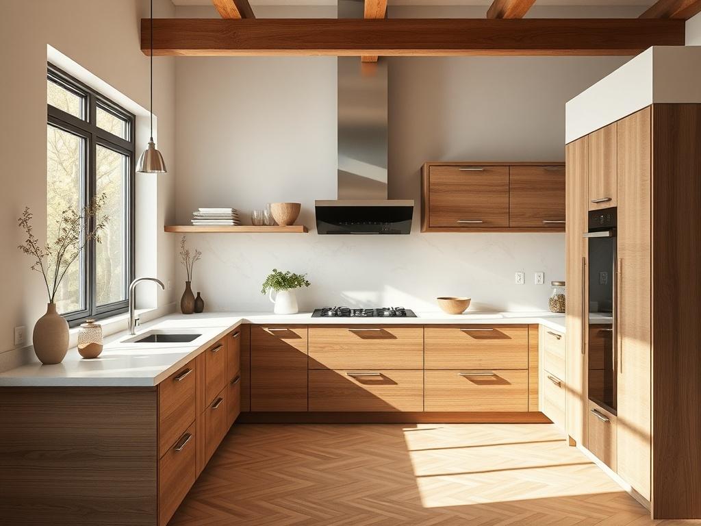 A modern, elegant kitchen featuring bespoke cabinetry and sleek countertops, designed with natural light streaming through large windows. The kitchen showcases a harmonious blend of warm wood tones and contemporary finishes, with a clean and sophisticated aesthetic. Include simple decorative elements like plants or stylish kitchenware to enhance the inviting atmosphere.