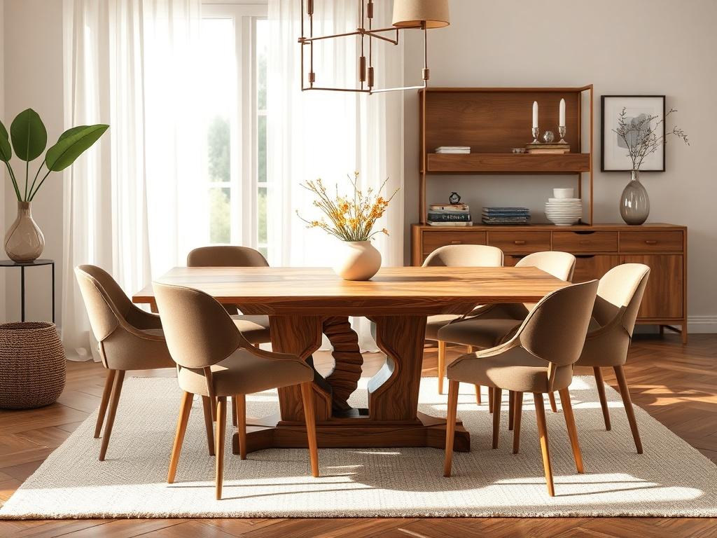 A beautifully crafted custom furniture piece, such as a wooden dining table, displayed in a well-lit, modern dining room setting. The table showcases intricate craftsmanship with elegant detailing, surrounded by stylish chairs. The background should include soft colors and natural light, creating a warm, inviting atmosphere.