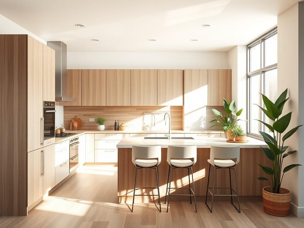 A modern kitchen featuring bespoke cabinetry and premium finishes. The kitchen has sleek lines, a neutral color palette with natural wood accents, and high-end appliances. Sunlight streams in through large windows, illuminating the space. The arrangement showcases a spacious island with stylish bar stools and a sophisticated backsplash. Plants are placed strategically to enhance the clean and green aesthetic, creating an inviting atmosphere. The overall look is polished and luxurious, perfect for a contempo