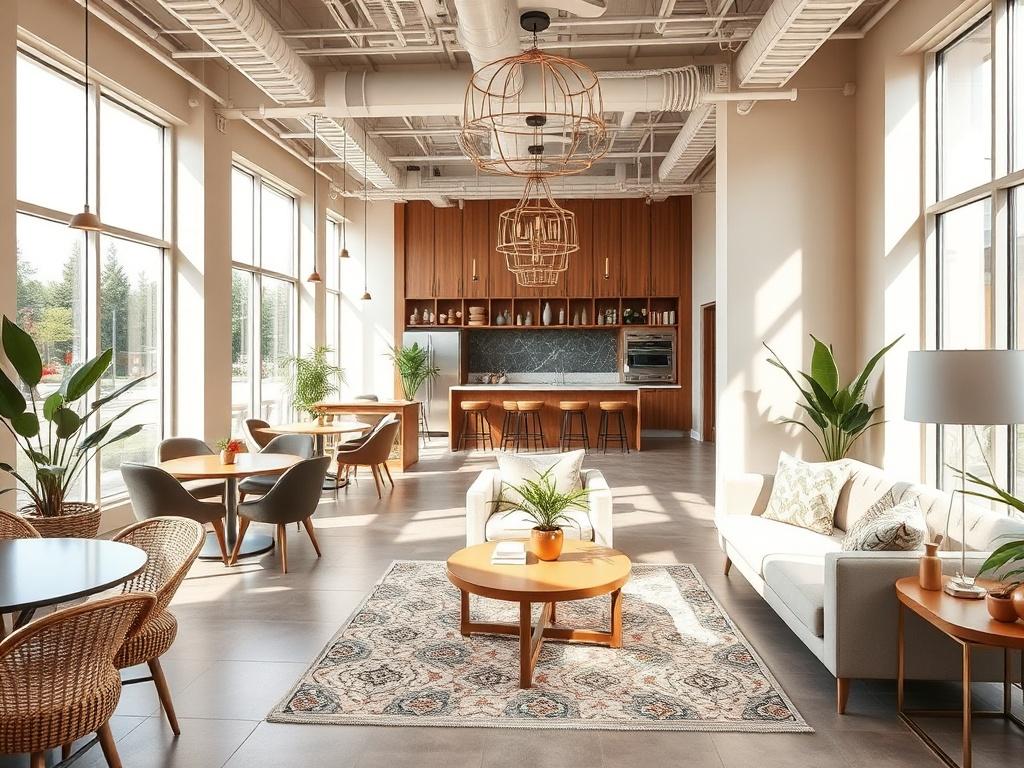 A vibrant commercial interior with custom furniture and modern design elements, showcasing an inviting atmosphere with natural light and a clean aesthetic.