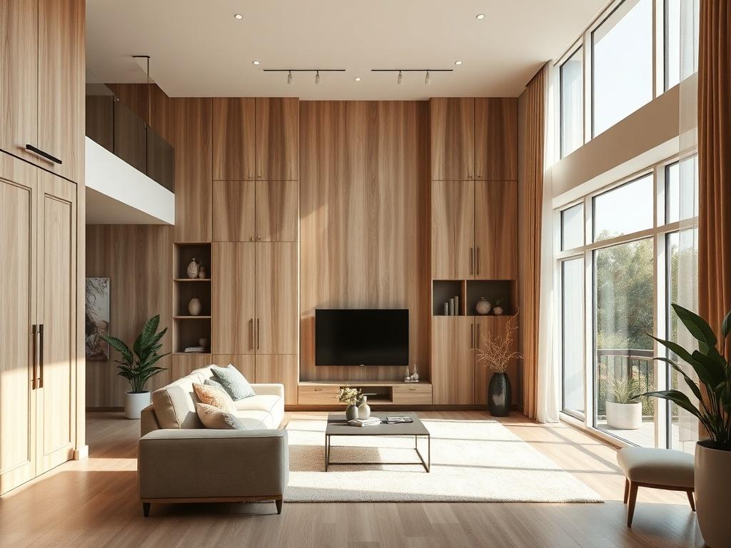 A modern living room with custom joinery, featuring elegant cabinetry and shelves, natural light streaming through large windows, and a sophisticated brown beige boho palette.
