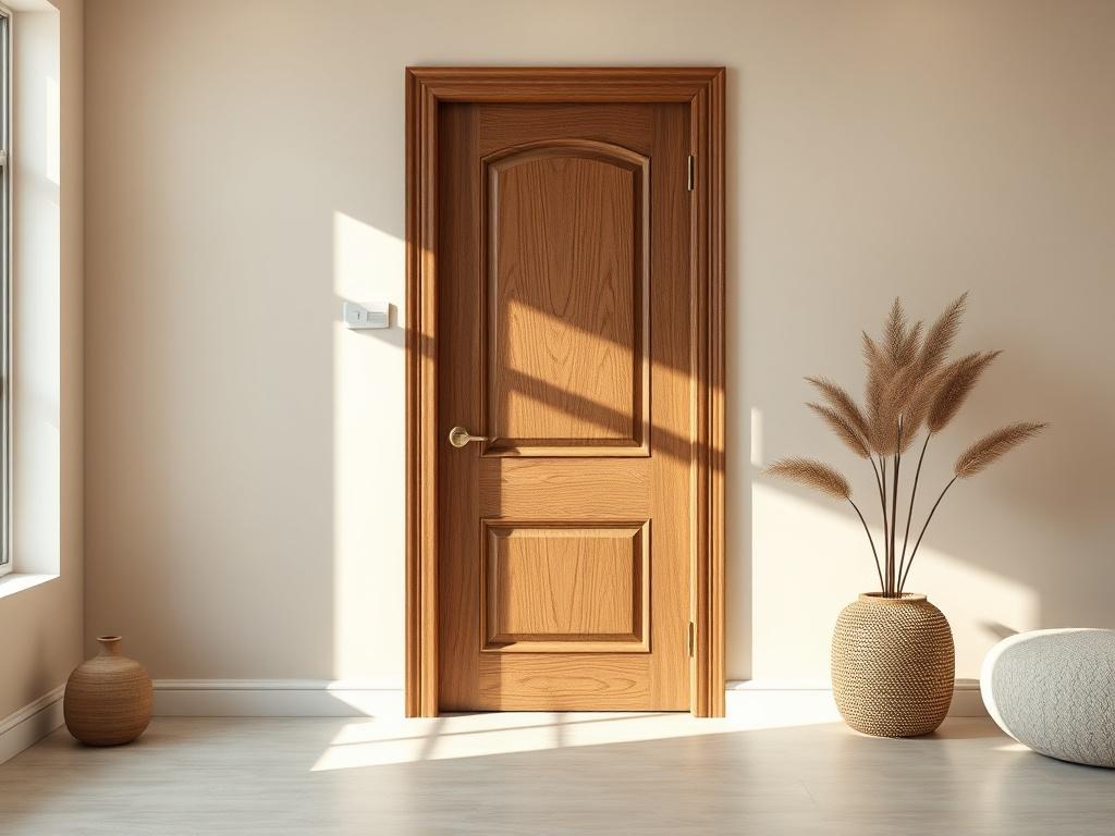 A high-resolution image of a beautifully crafted wooden door in a modern setting. The door should feature a sleek laminate finish with an elegant veneer design. Natural light should illuminate the door, showcasing the textures and colors of the wood. The background should be minimalistic, focusing solely on the door, with a soft beige and brown boho palette, creating a sophisticated and premium aesthetic.