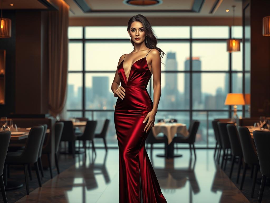A stunning female escort dressed elegantly in a glamorous evening