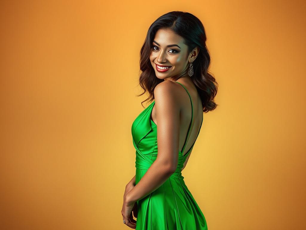 A photorealistic image of an elegant and confident female escort, dressed in a stylish evening gown, standing gracefully with a warm smile. The background should be minimalistic with clean lines, featuring soft lighting that highlights her features. The color palette should include bold vibrant greens, specifically rgb(50, 170, 39), to create an inviting and luxurious atmosphere.