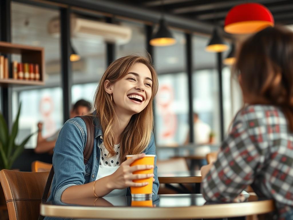 A lively college student companion laughing and engaging in conversation at a trendy café, surrounded by a casual, vibrant atmosphere. The image captures her youthful spirit, dressed in stylish yet comfortable attire, with a focus on her radiant smile and the inviting surroundings.