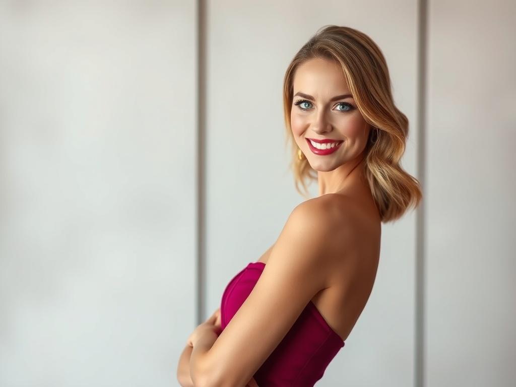 A stunning, high-resolution portrait of a graceful escort in an elegant dress, standing confidently against a minimalistic backdrop with clean lines. The focus is on her captivating smile and expressive eyes, showcasing confidence and charm. The background features soft, blurred colors that complement the vibrant primary color rgb(50, 170, 39), creating an inviting and luxurious atmosphere.