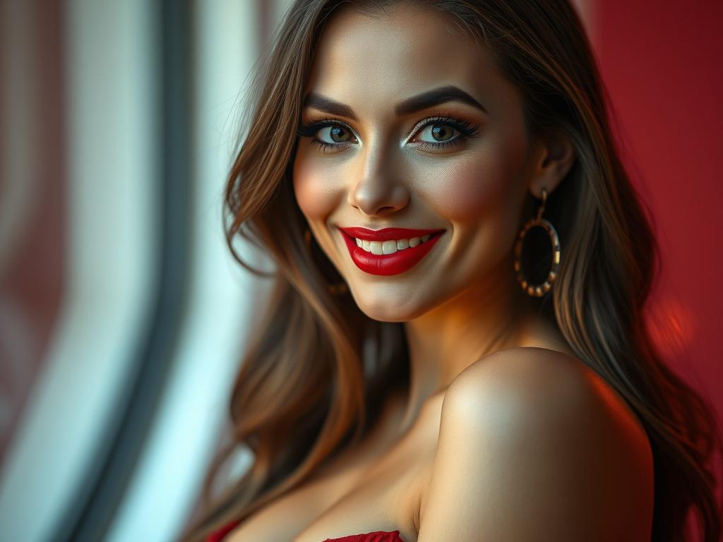 A photorealistic portrait of a glamorous escort, focusing on her captivating smile and elegant attire. The background should be minimalistic with soft, blurred colors that complement the primary color rgb(50, 170, 39). The lighting should highlight her features, creating a lifelike appearance. The image should convey an air of sophistication and allure.