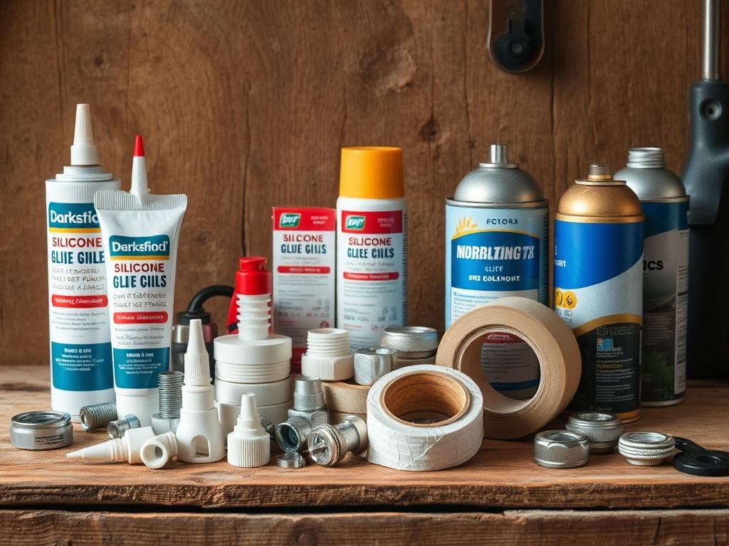 A realistic high-resolution image featuring a collection of hardware items including silicone glue tubes, a variety of screw fittings, rolls of tape, and spray paint cans. The composition should be simple and clear, showcasing the products on a rustic wooden workbench. The background should have earthy textures, with natural lighting that highlights the details of the hardware items.