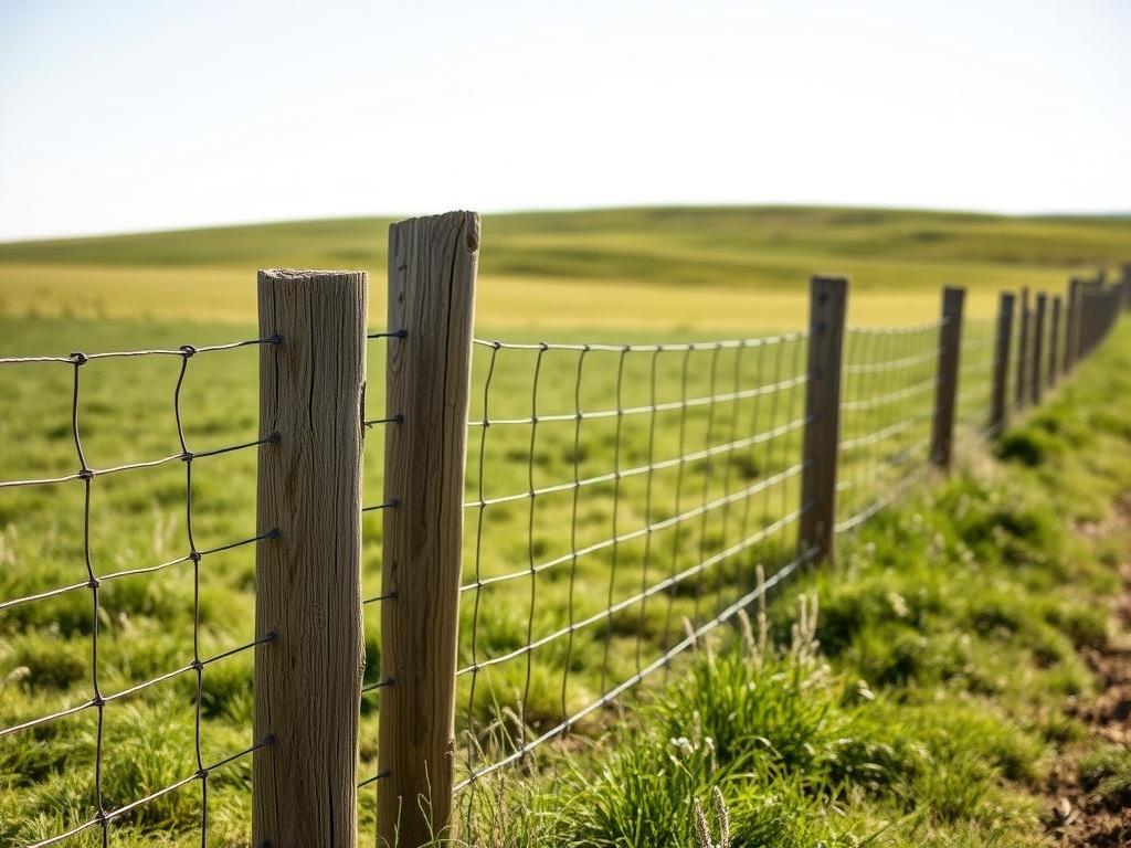 Create a realistic high-resolution image of a sturdy rural fence made of treated timber posts with wire mesh. The fence should be prominently displayed, running through a lush green pasture with a clear blue sky in the background. The image should reflect earthy tones and natural textures, emphasizing the rustic aesthetic. Ensure the composition is simple, focusing solely on the fence, with no text or abstract elements.