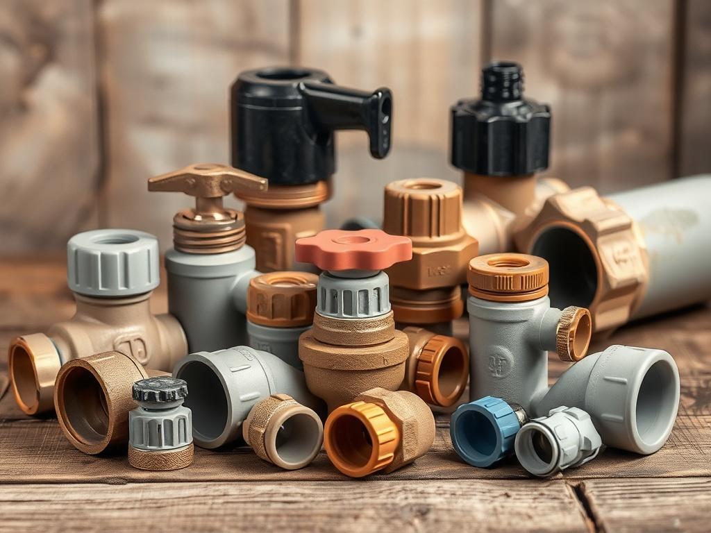 A realistic high-resolution image of various water fittings including Philmac fittings, water valves, reticulation fittings, and PVC pipes. The fittings should be displayed on a wooden surface, showcasing their textures and colors in natural earthy tones. The background should be softly blurred to emphasize the fittings, with a rustic and grounded aesthetic.
