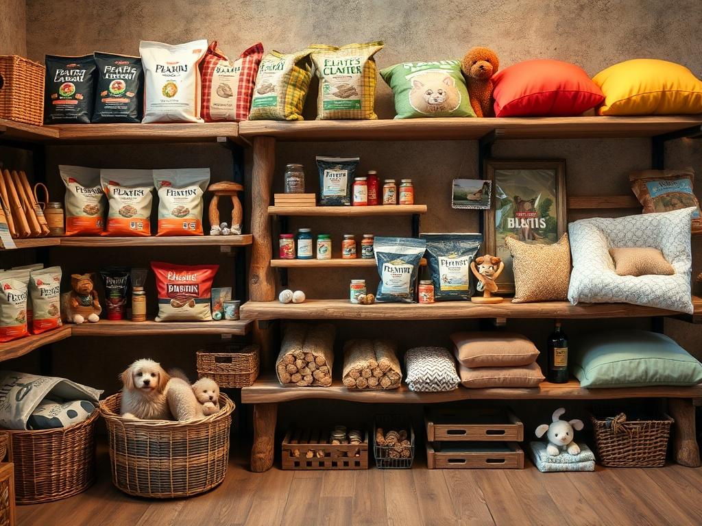 A realistic high-resolution image of a cozy pet supplies display featuring various products like pet food bags, toys, and bedding. The setting should have an earthy texture, with natural tones creating a warm and inviting atmosphere. The display should be arranged neatly on rustic wooden shelves, emphasizing the variety and quality of the supplies. Soft lighting should enhance the cozy feel, making it appealing and relatable for pet owners.