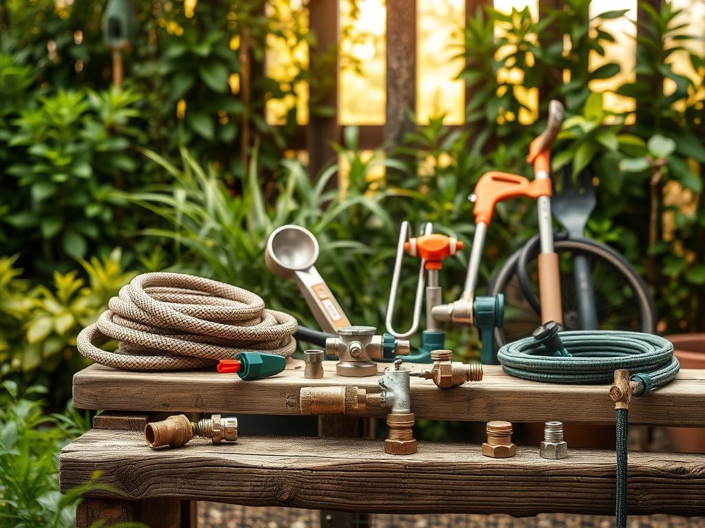 A high-resolution image of a well-organized outdoor garden setup featuring essential garden tools, including hoses, water fittings, and reticulation fittings. The composition should focus on a rustic wooden garden bench with various tools neatly arranged on it. The background should showcase lush green plants and a soft, natural light filtering through, creating a warm and inviting atmosphere. The earthy textures and colors should complement a grounded aesthetic.