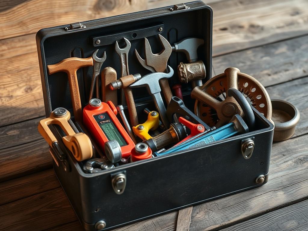 A high-resolution image featuring a well-organized toolbox filled with various high-quality tools such as jacks, hammers, and wrenches. The toolbox should be placed on a rustic wooden surface, with natural lighting highlighting the metallic textures and earthy tones of the tools, creating a grounded and inviting atmosphere.