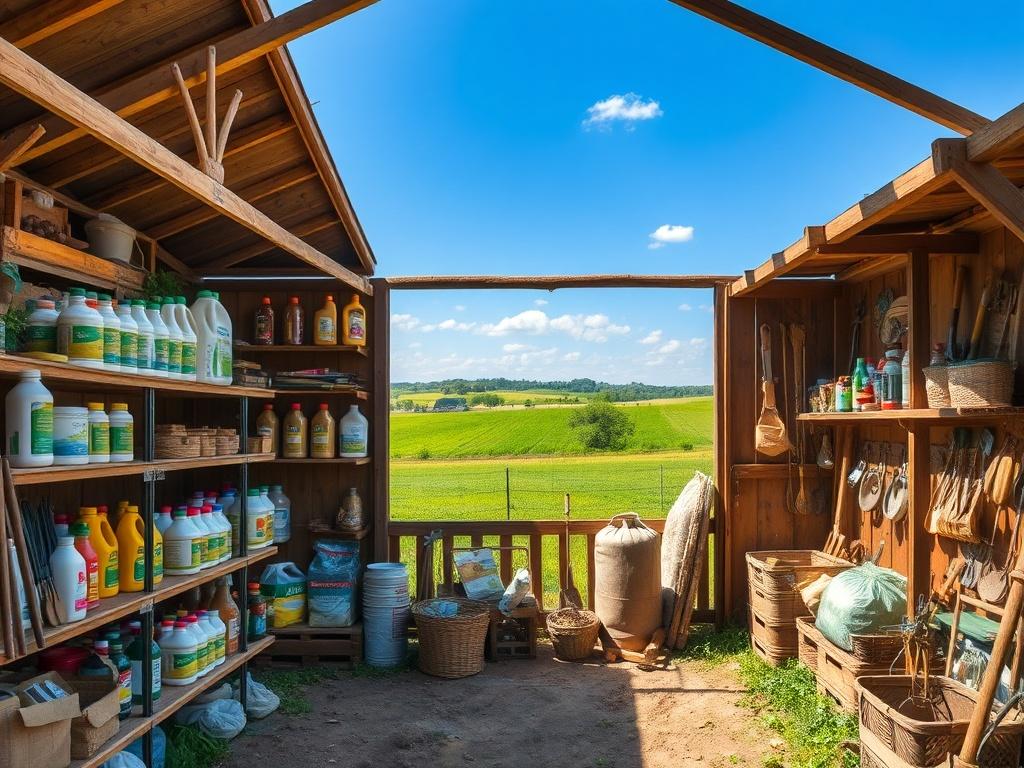 A rustic farm shed filled with various agricultural supplies such as crop protection products, animal health items, and gardening tools. The shed is surrounded by lush green fields under a clear blue sky, emphasizing a rural lifestyle. The focus is on the organized shelves showcasing high-quality products with earthy tones. The background features a picturesque landscape, reflecting the essence of rural living.