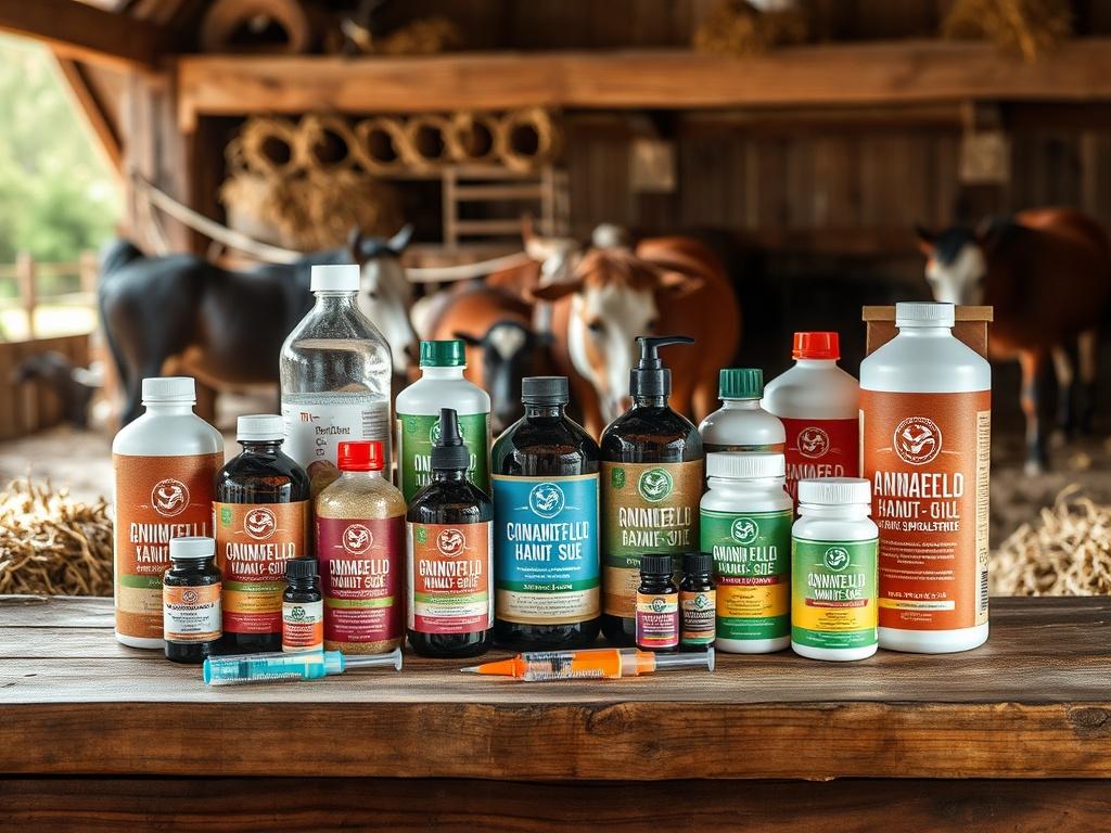 A realistic high-resolution photo of an array of animal health products displayed on a wooden table in a barn setting. The products should include bottles, syringes, and supplements, all showcasing vibrant labels. In the background, hints of hay and rustic barn elements create an authentic rural atmosphere.