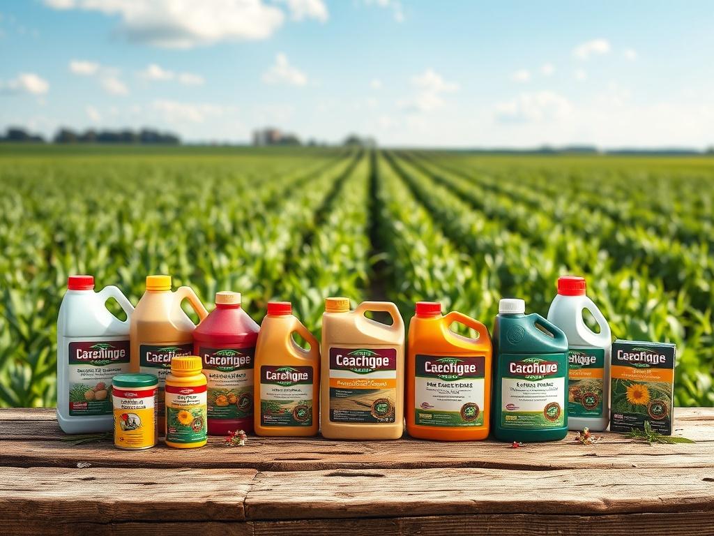A realistic high-resolution photo of various crop protection products arranged neatly on a rustic wooden table. The background features a soft-focus of green farmland under a blue sky, showcasing a healthy crop field. The products should be displayed clearly, emphasizing their vibrant labels and packaging, with earthy tones predominating the overall aesthetic.