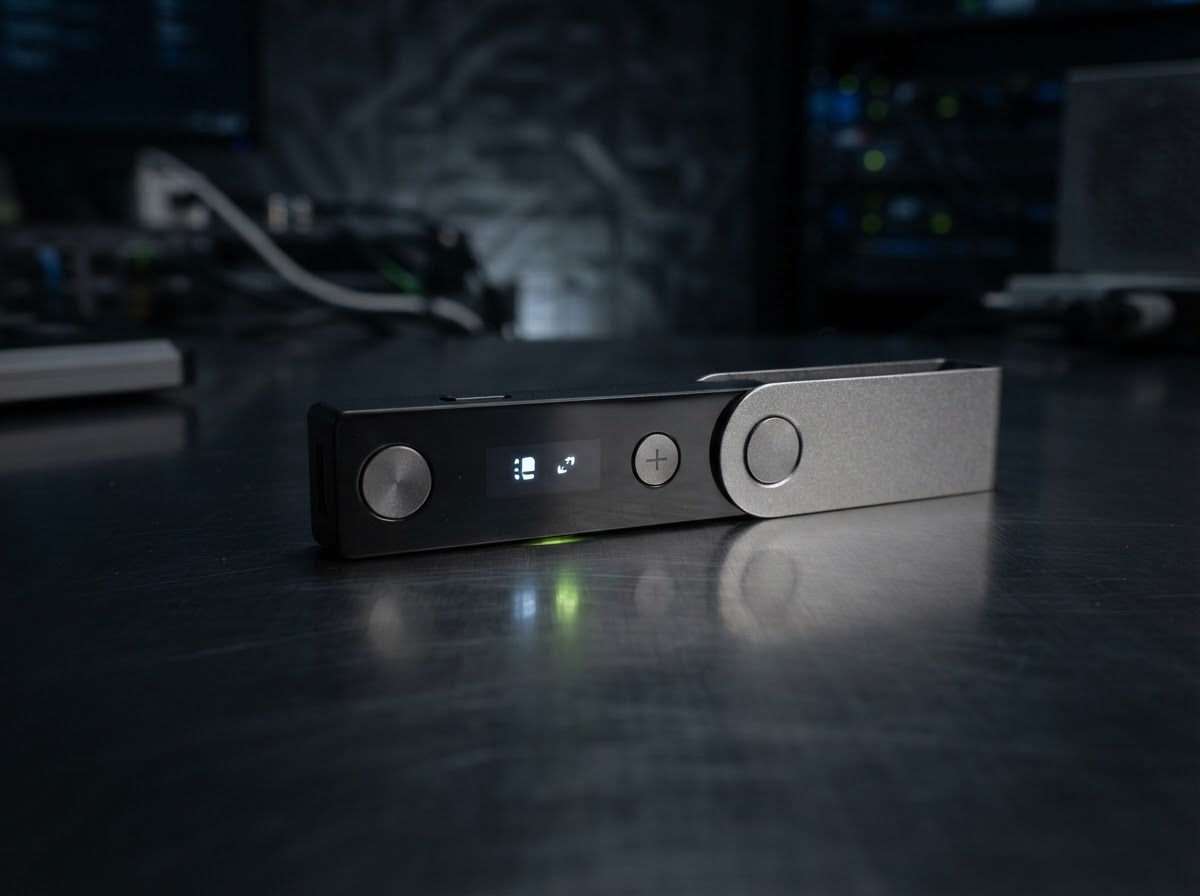 Close-up of the display and physical buttons on a black hardware wallet