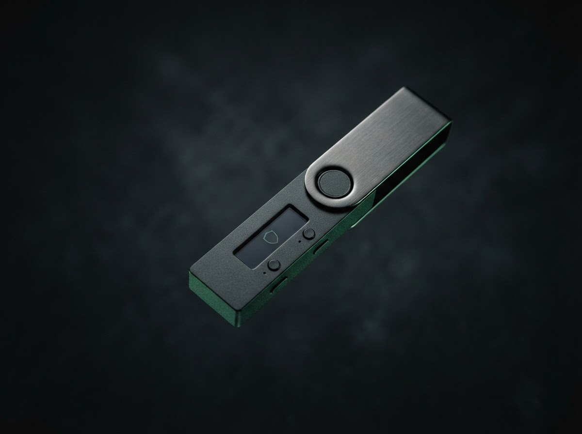 A matte-black Ledger-style hardware wallet device lit against a near-black studio background
