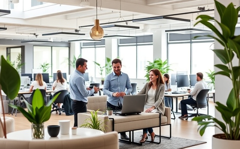 Happy employees collaborating in a clean, modern office space