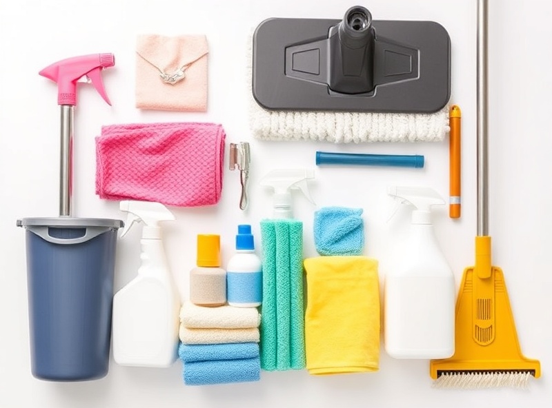 Professional cleaning supplies and equipment organized neatly - microfiber cloths, spray bottles, mop, and vacuum