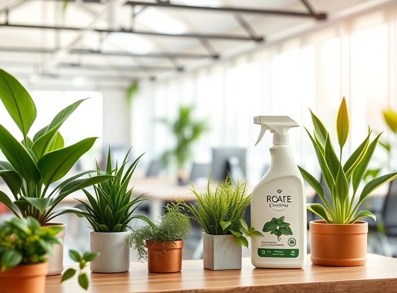 Eco-friendly green office environment with natural plants and sustainable cleaning products