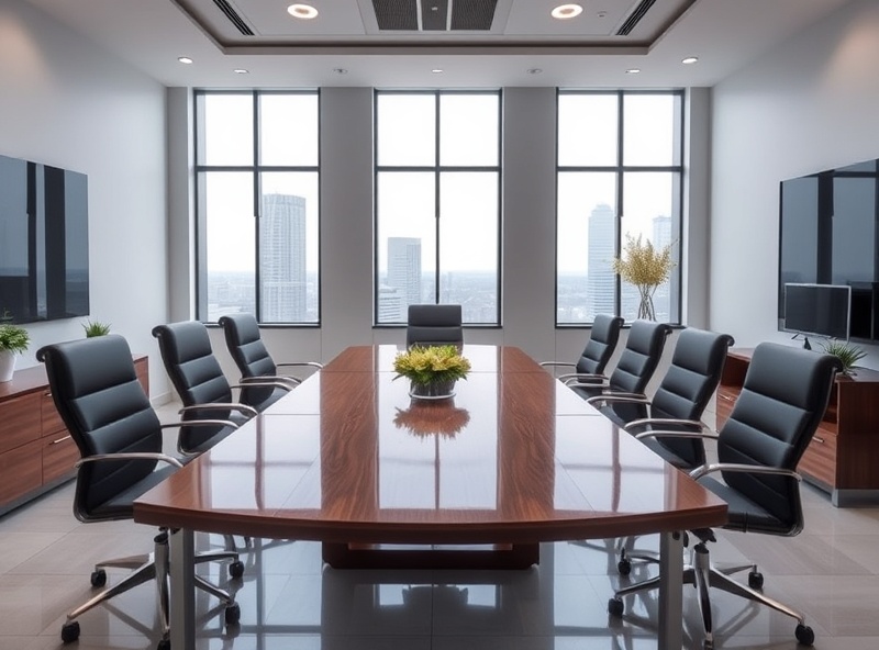 Professional law office conference room with polished wooden table and floor-to-ceiling windows, impeccably clean
