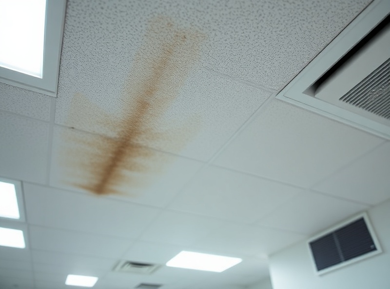 Close-up detailed view of often-missed office areas including ceiling corners with dust and baseboards