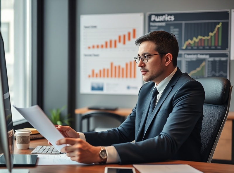Business professional reviewing financial charts and growth graphs representing business success