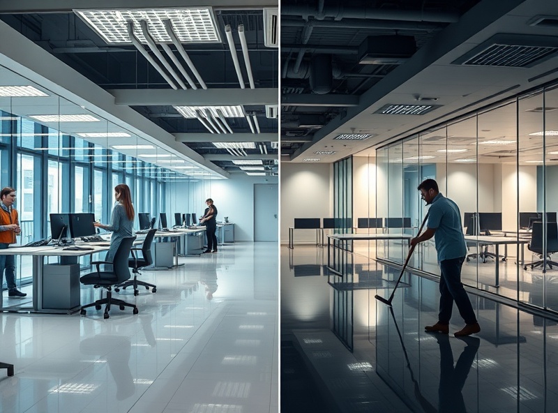 Comparison of daytime office cleaning with staff present versus nighttime after-hours professional cleaning