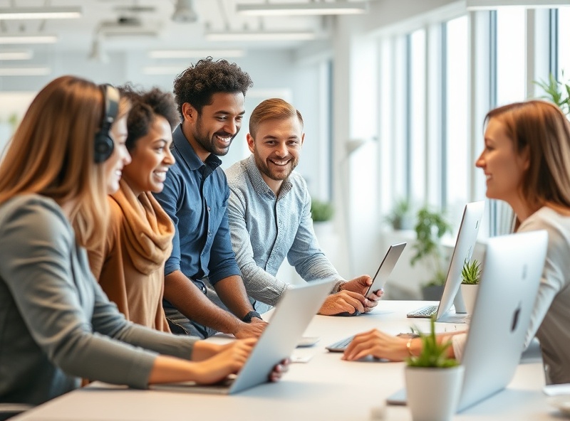 Happy, engaged employees working together in a pristine, clean, modern office environment