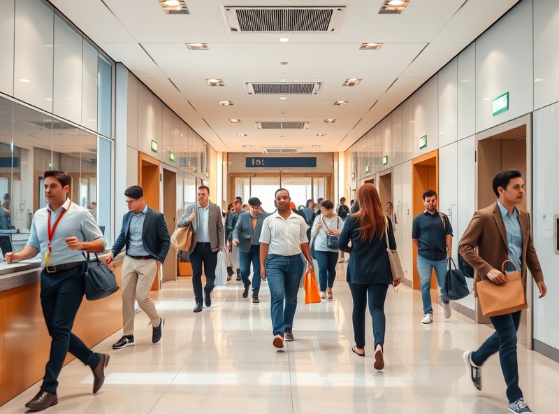 Busy professional office reception area with high foot traffic showing need for specialized cleaning