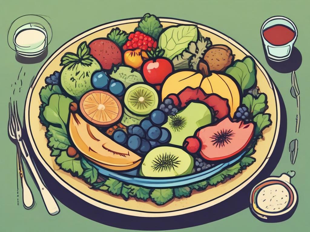 illustration of a colorful plate filled with fresh fruits, vegetables,
