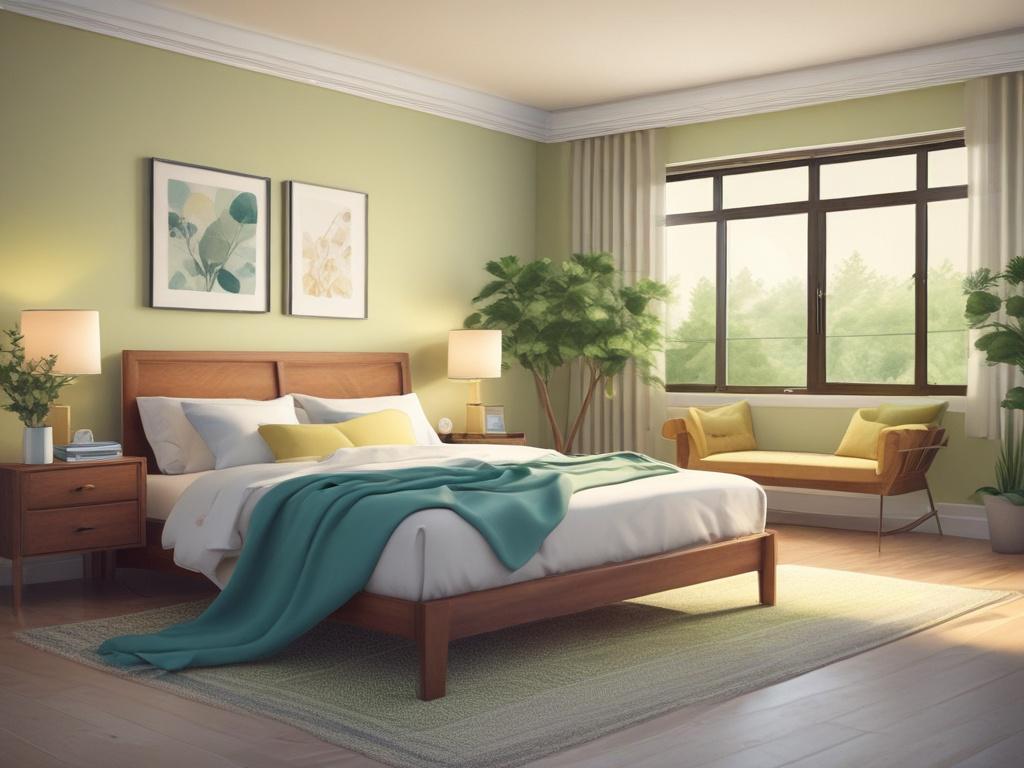 illustration of a peaceful bedroom with soft lighting, cozy bedding,