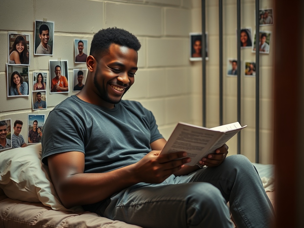 An African American man sitting happily on his bunk while reading a heartfelt letter, with African American family photos displayed on the walls behind him