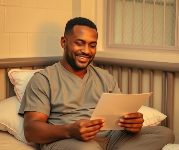 An incarcerated man sitting on his bunk with a warm smile while reading a heartfelt letter from his family