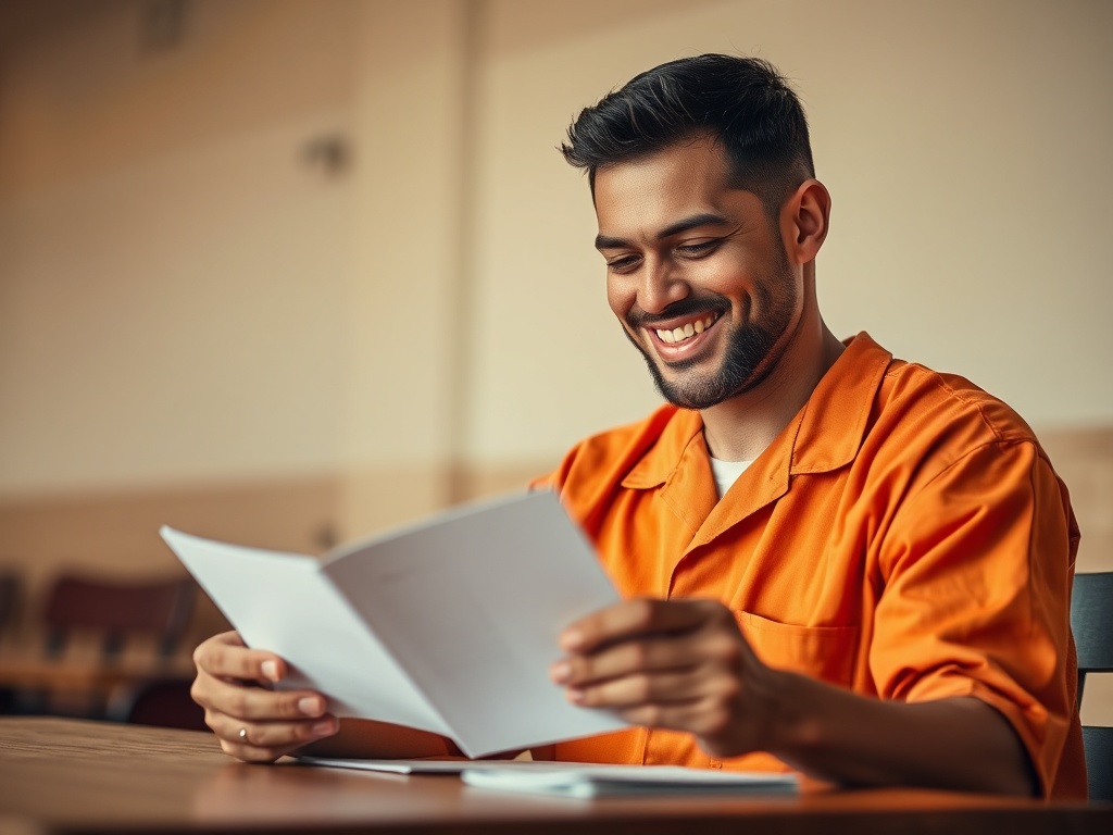 An inmate in orange prison uniform sitting at a table reading a Father's Day letter with a warm smile, expressing joy and emotional connection