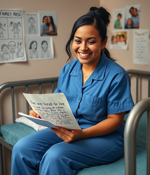 Hispanic woman in blue prison uniform sitting on a prison bunk reading a heartfelt letter from family, smiling warmly