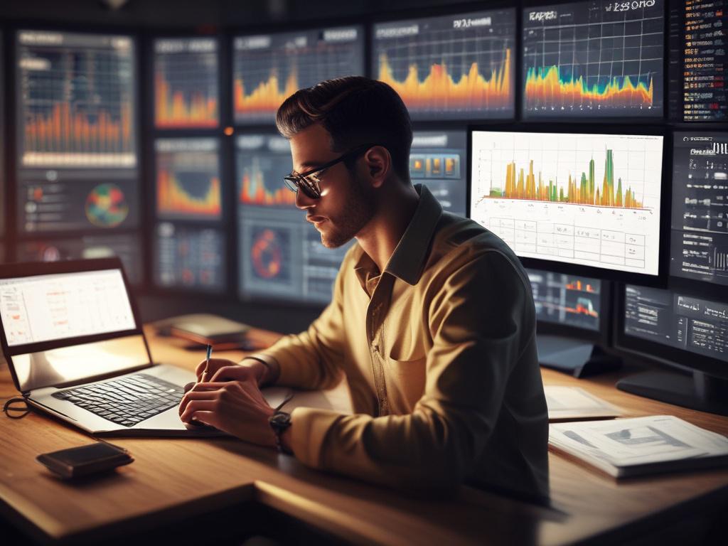 A focused close-up shot of a young professional analyzing data on a laptop. The background features charts and graphs on a screen, highlighting market trends. The lighting is warm and inviting, with an emphasis on the subject's concentration and determination. Shot with a 45mm f/1.2 lens to create a shallow depth of field, ensuring the subject is the focal point against a softly blurred background.