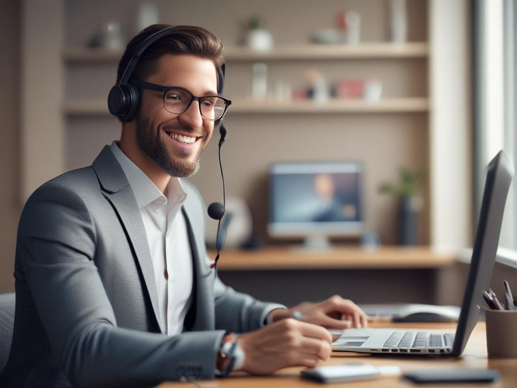 A dynamic close-up shot of a sales representative engaging with a client over a video call. The background showcases a professional office setting with soft colors and motivational elements. The representative displays confidence and enthusiasm, emphasizing the importance of personal connection in sales. Captured with a 45mm f/1.2 lens for a sharp focus on the subject's expressions.