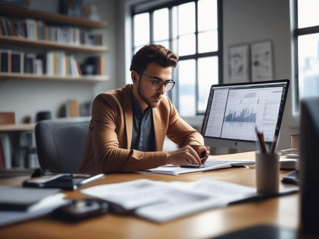 Capture a close-up shot of a young professional sitting at a modern desk, deeply focused on their laptop, surrounded by digital marketing materials and market research reports. The background should be softly blurred to emphasize the subject, with warm lighting that complements the primary color rgb(243, 153, 62). The atmosphere should convey productivity and innovation.