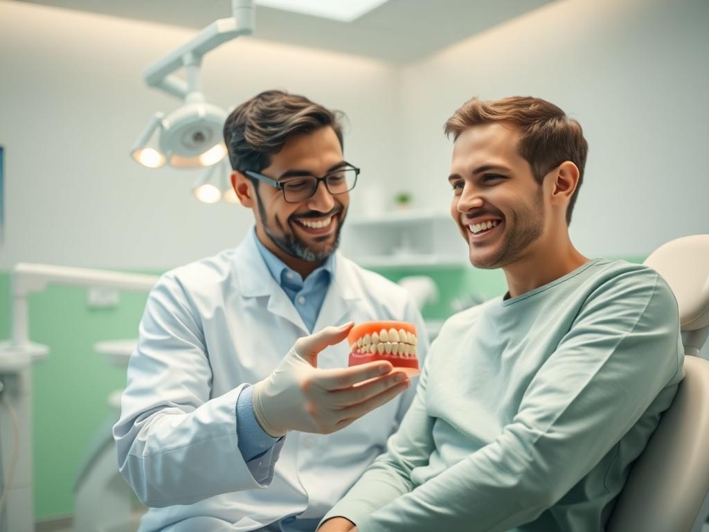A serene dental clinic setting with a friendly dentist smiling