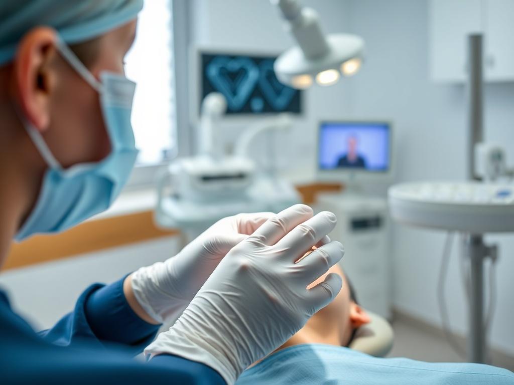 A close up shot of a dental professional wearing a