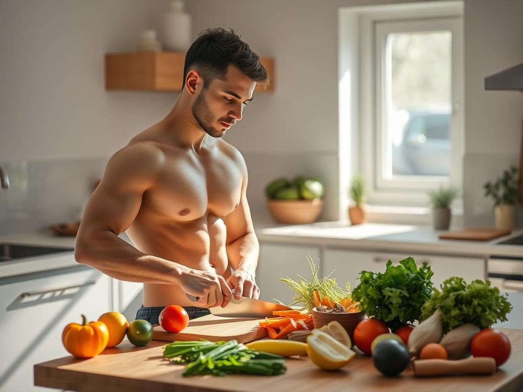 A serene, high-resolution image of a fit individual preparing a healthy meal in a bright kitchen. The person, a young adult with an athletic build, is chopping colorful vegetables on a wooden cutting board. Sunlight streams through the window, illuminating the fresh ingredients. The kitchen is minimalistic with soft tones and gentle lighting, creating a peaceful atmosphere. The image should evoke a sense of balance between nutrition and fitness.