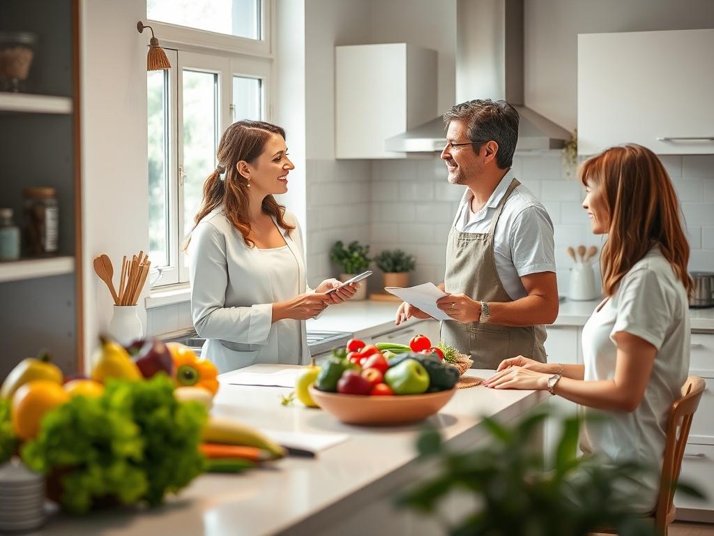 A peaceful kitchen setting with fresh fruits and vegetables on a countertop, a nutritionist discussing a personalized meal plan with a client, soft lighting, and gentle colors creating a welcoming atmosphere.