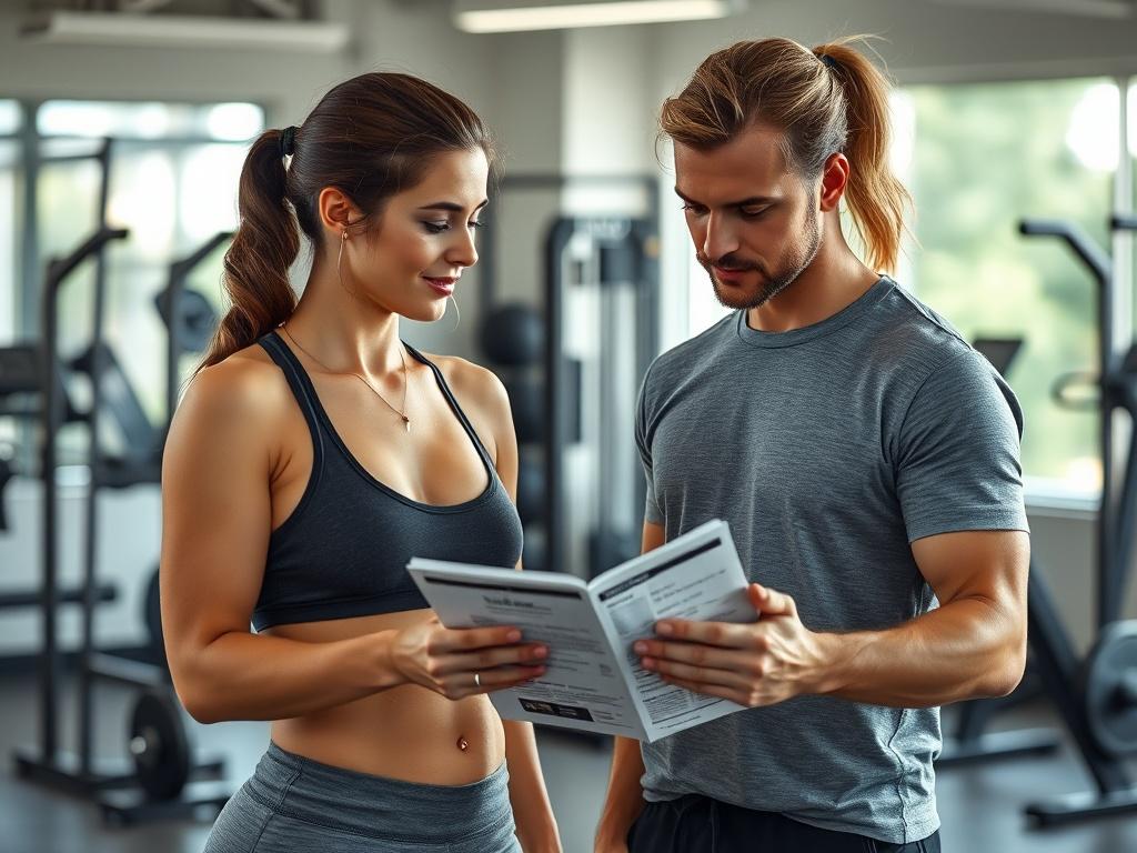 A fitness coach and client in a gym setting, discussing workout strategies while reviewing a nutrition guide, bright and motivating atmosphere with fitness equipment in the background.