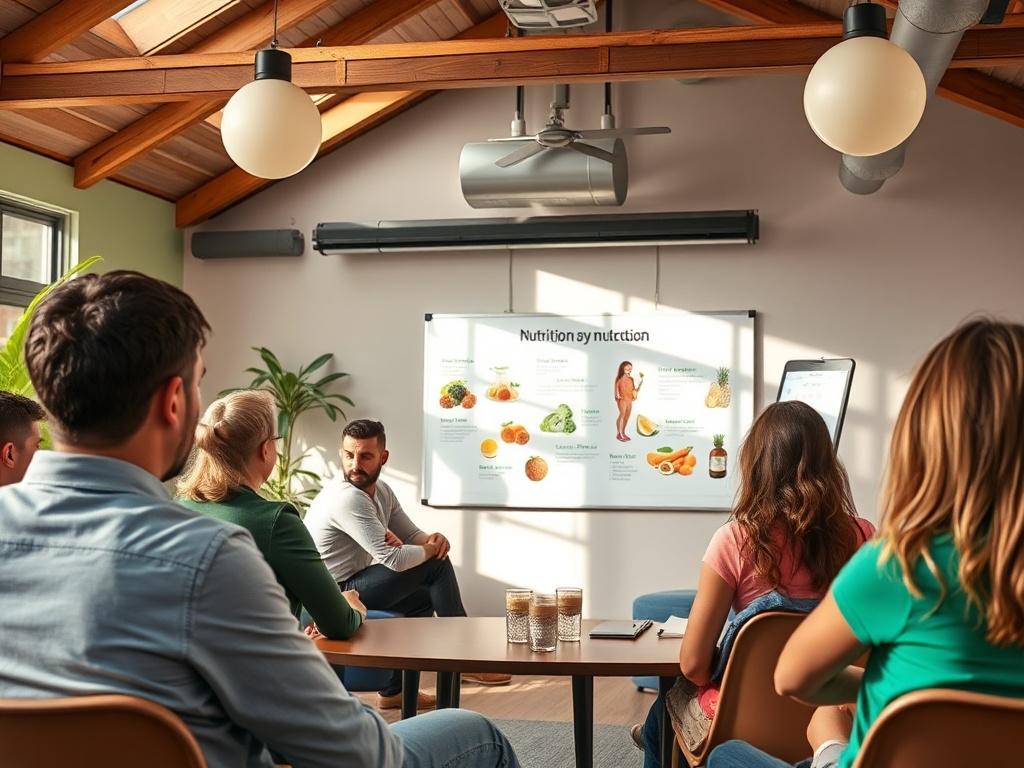 A vibrant workshop environment with participants engaged in a nutrition discussion, bright colors and natural light, a presentation board with visuals related to health and performance.