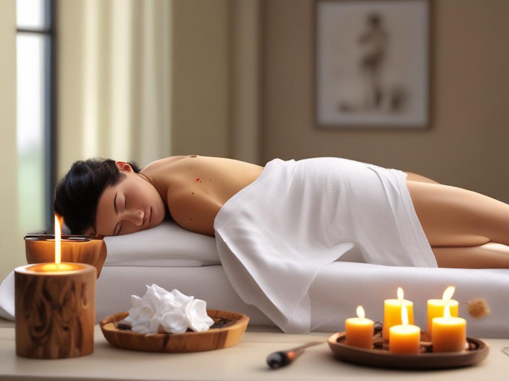 A serene spa setting featuring a beautiful massage therapist preparing