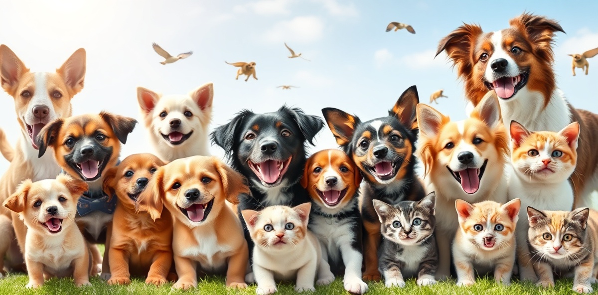 Cute dogs and cats playing together