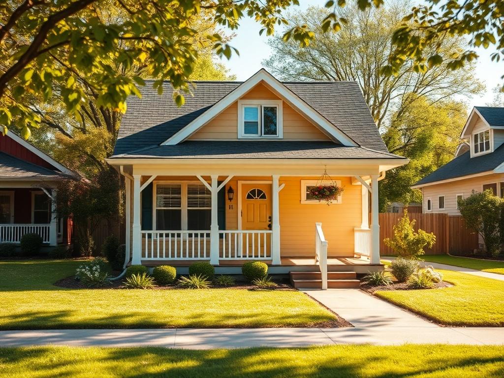 **AI Image Generation Prompt:**

Create a realistic, high-resolution photo focusing on a charming residential property that embodies the concept of property equity. The composition should highlight a well-maintained, cozy house, centrally framed, with inviting architecture that features a welcoming front porch and neatly landscaped yard. 

Use a close-up shot of the home, taken with a 45mm f/1.2 lens style to ensure a shallow depth of field, allowing the details of the house to stand out sharply against a s